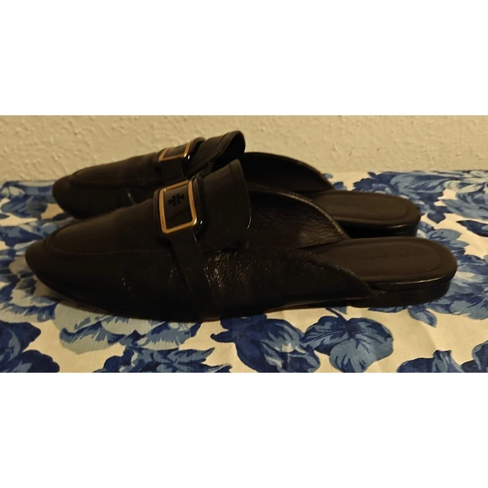 Tory Burch Georgia Backless Loafer Flats Mules Black Gold Logo Sz 10.5 M